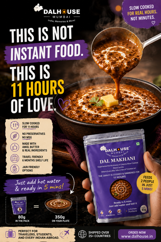 Dalhouse Mumbai ready to eat Dal Makhani package with a bowl of slow cooked black lentils with Amul butter cream swirl.