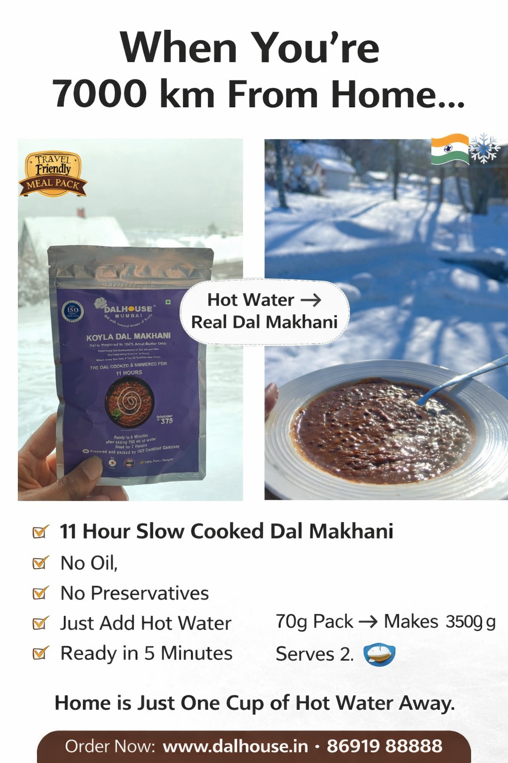 Dalhouse Koyla Dal Makhani dehydrated travel meal pack – slow cooked Indian dal ready in 5 minutes by adding hot water, perfect Indian food for travelers abroad