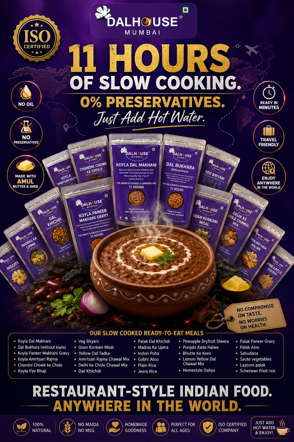 Dalhouse 11-hour slow-cooked dehydrated Indian meals with no preservatives and restaurant-style taste.