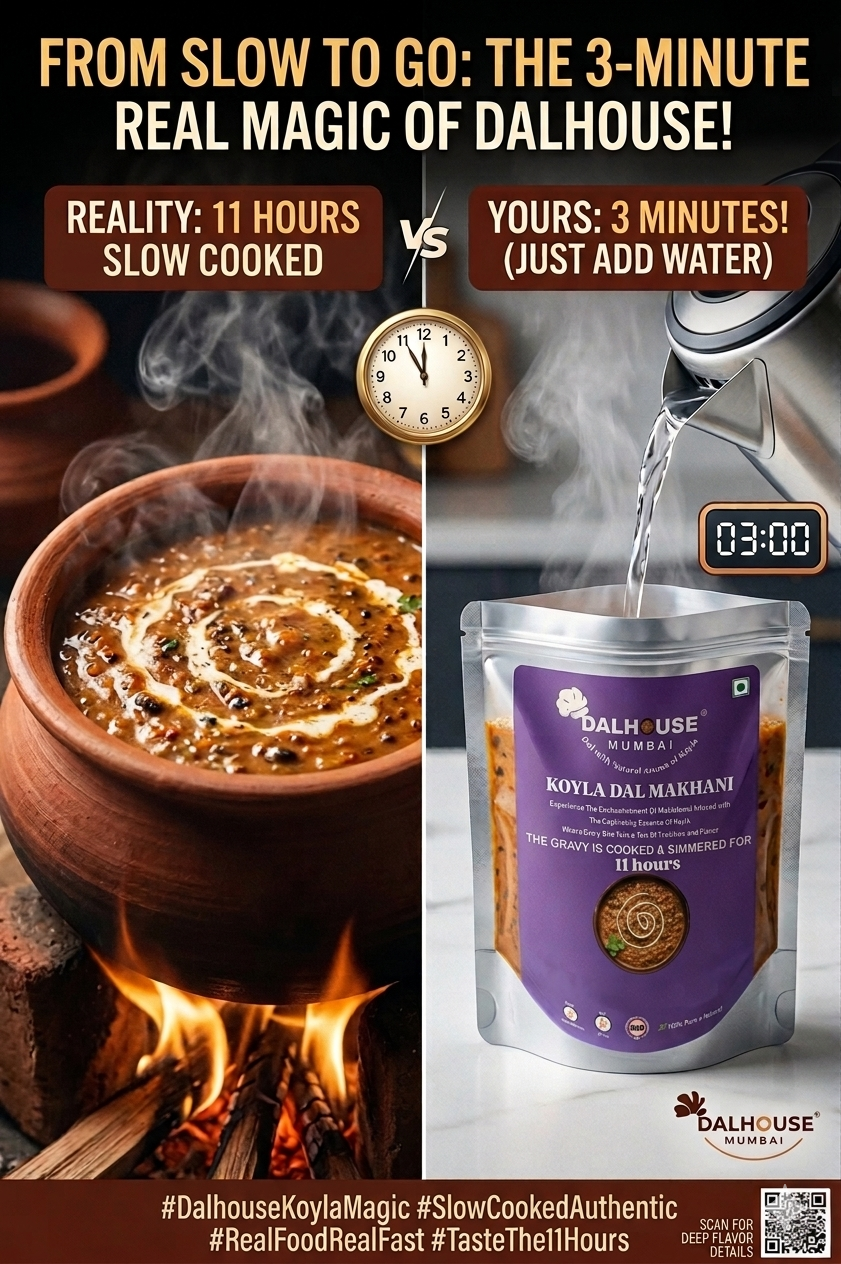 Dalhouse Koyla Dal Makhani dehydrated meal, slow-cooked for 11 hours and ready in 3 minutes with hot water. Authentic Indian ready-to-eat food with no preservatives.