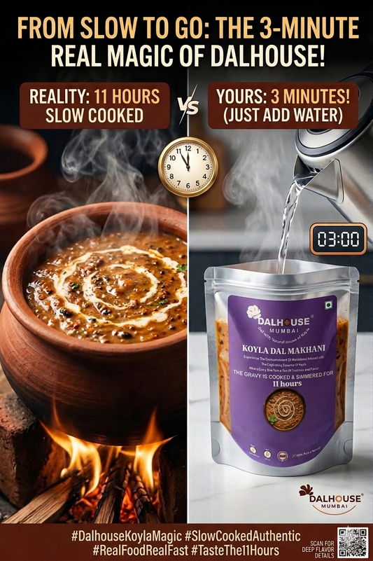 Dalhouse Koyla Dal Makhani dehydrated meal, slow-cooked for 11 hours and ready in 3 minutes with hot water. Authentic Indian ready-to-eat food with no preservatives.