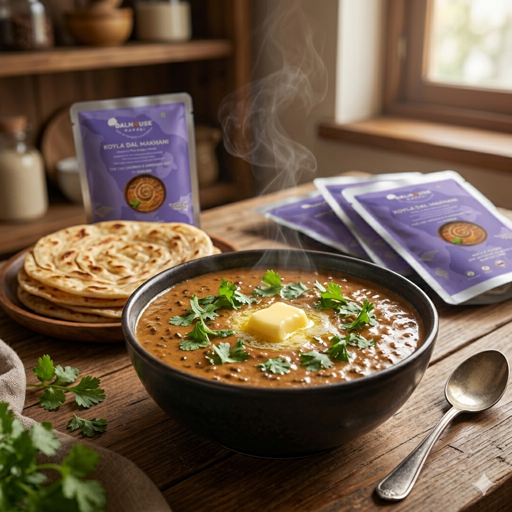 Bowl of creamy Koyla Dal Makhani topped with butter and coriander, served hot with parathas and Dalhouse dehydrated meal packets in the background.
