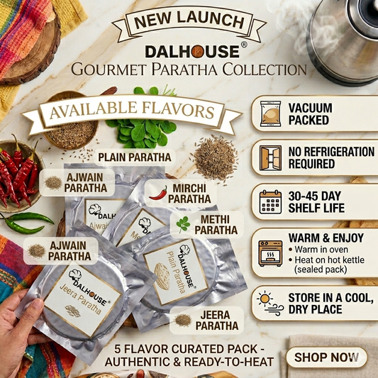 Ready to eat vacuum packed paratha collection by Dalhouse including ajwain, jeera, methi and mirchi paratha