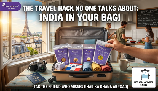 Dalhouse Mumbai dehydrated Indian ready meals packed inside a travel suitcase with Paris view in background promoting travel-friendly just add hot water food for Indians abroad