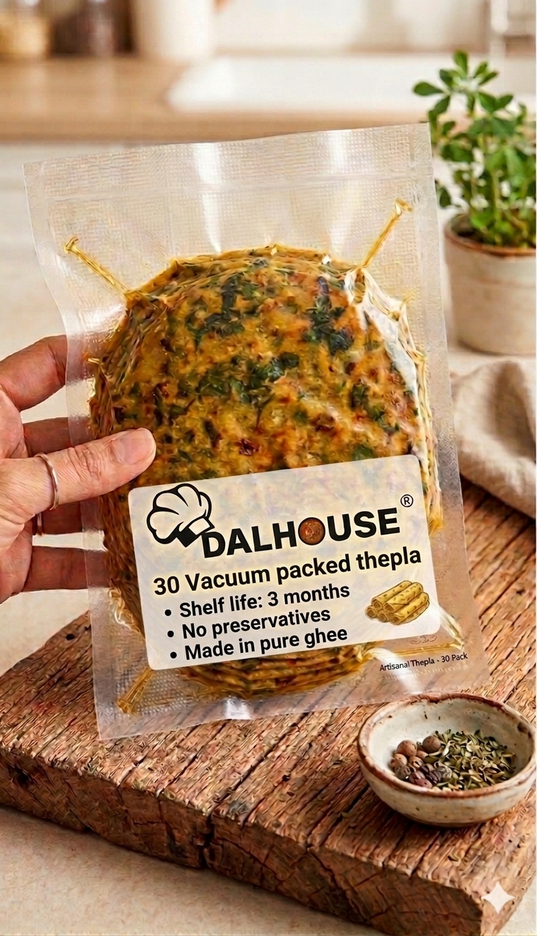 Dalhouse Travel-Ready Methi Thepla – 30 Pieces (1 Month Supply) | Vacuum Packed | Made in Pure Ghee | No Preservatives | No Chilli | No Refrigeration