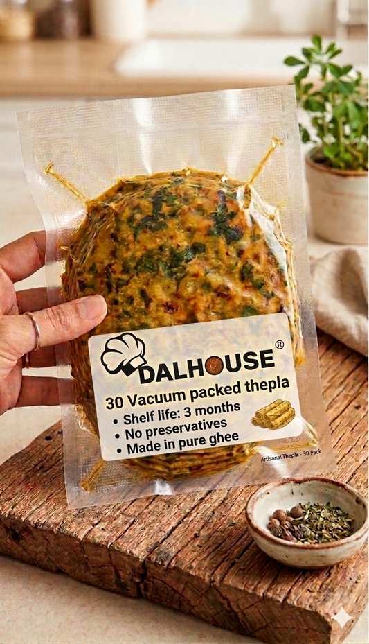 Dalhouse Travel-Ready Methi Thepla – 30 Pieces (1 Month Supply) | Vacuum Packed | Made in Pure Ghee | No Preservatives | No Chilli | No Refrigeration